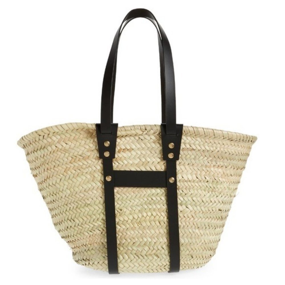 Frame Straw Tote Bag NWT Natural Woven Black Leather Trim - Picture 2 of 6